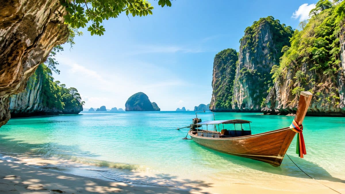 Longtail boat in a turquoise Thai beach cove