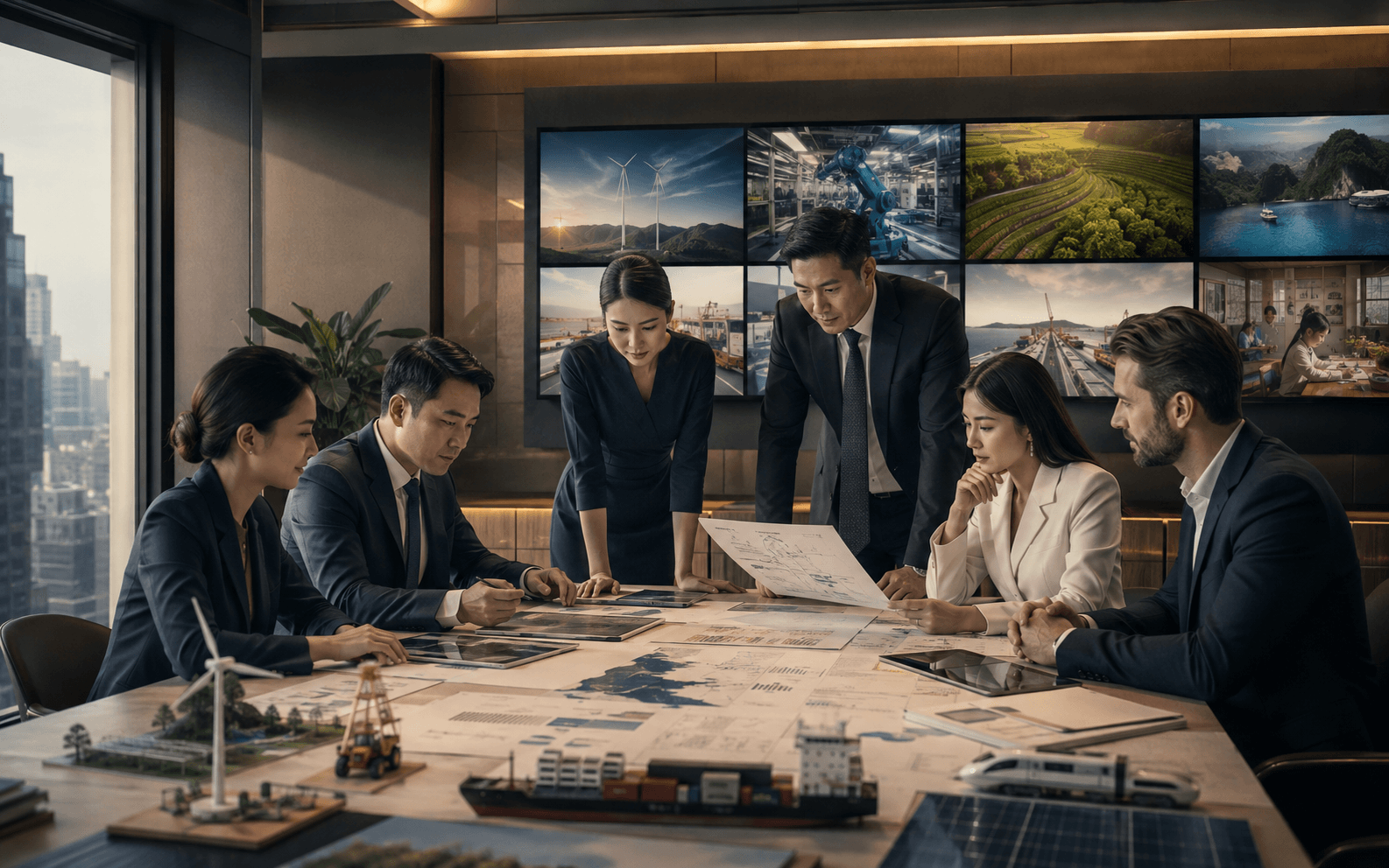 Business leaders reviewing Thailand's cross-sector industries — energy, manufacturing, agriculture and logistics